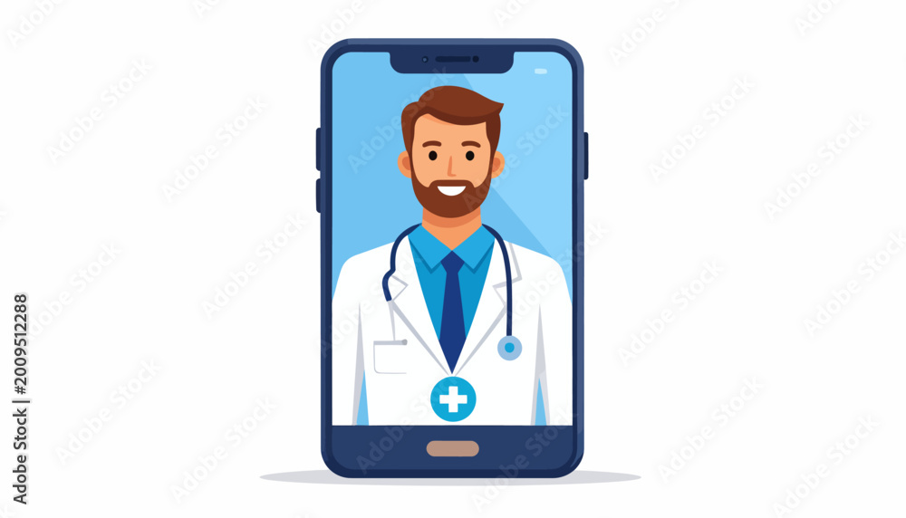 Fototapeta premium Professional Male Doctor Offering Remote Medical Consultation and Online Healthcare Services Through a Smartphone Application, Symbolizing Digital Health and Virtual Appointments