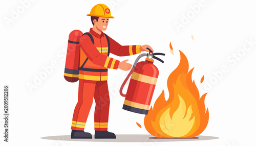 Firefighter bravely combating a blaze with a portable extinguisher, illustrating a critical moment of emergency response and fire safety