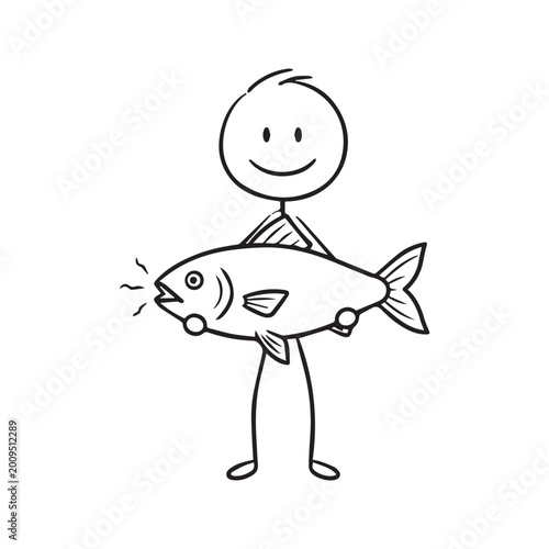 Photos Stick Figure Man Holding Big Fish Catch Fisherman Success Vector Drawing Illustr