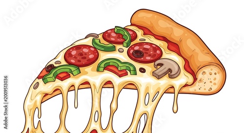 Delicious Pizza Slice with Pepperoni, Mushrooms, and Peppers Illustration