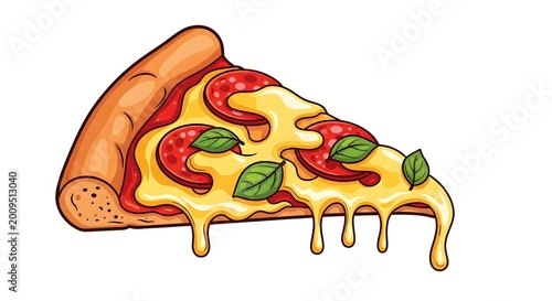 Delicious Pepperoni Pizza Slice with Melting Cheese and Basil Illustration