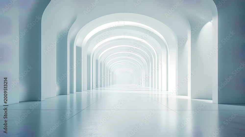 Fototapeta premium Light shines through an empty stone arch corridor in the historic tunnel