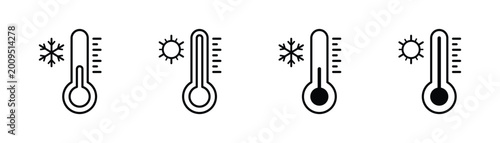 Fényképezés Thermometer icon set with sun and snowflake symbols, hot and cold temperature ve