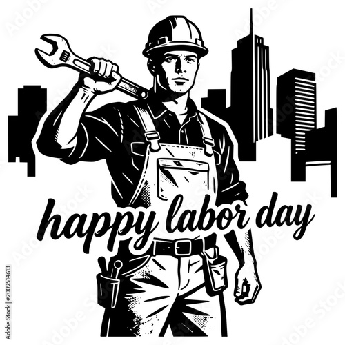 Labor Day Tribute: A silhouette of a construction worker with tools in hand, symbolizing the dedication and hard work of labor day, set against a backdrop of city skyscrapers.