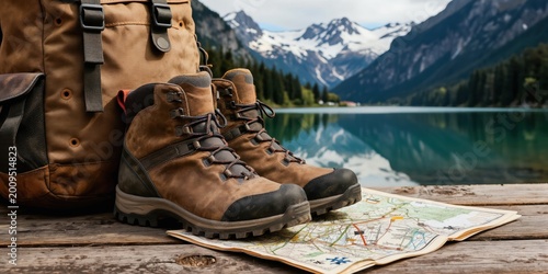 Hiking boots and backpack sit on wooden table with map. Snowy mountains reflect in calm blue lake. Nature landscape background for outdoor adventure gear.