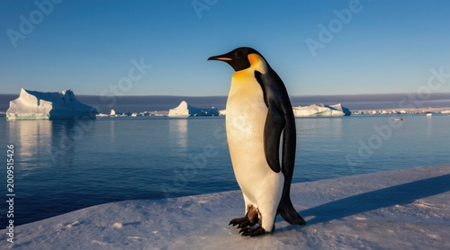 Emperor penguin stands on ice floe. Calm ocean water reflects blue sky with distant icebergs. Wild bird in Antarctic natural habitat during daylight.