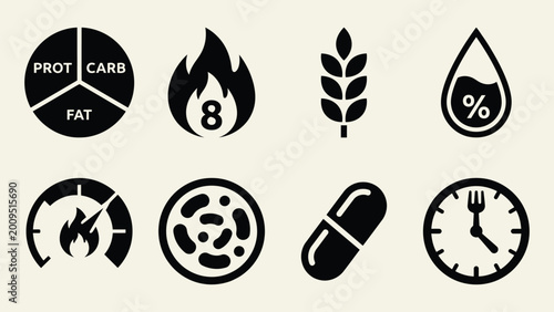 Nutrition and diet vector icon set featuring metabolism macros and fasting