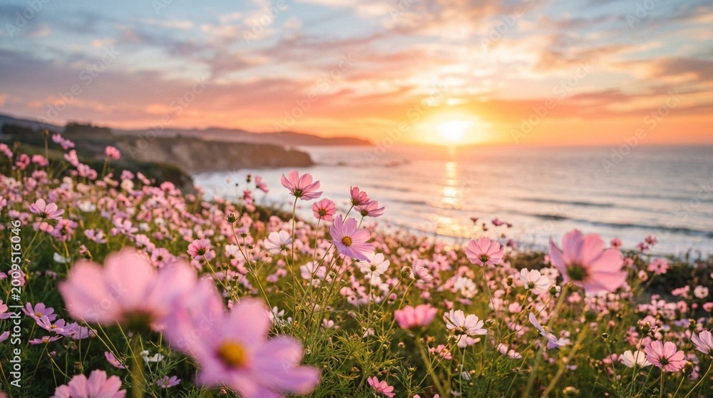 Obraz premium Sunset Over Blooming Ocean Flowers