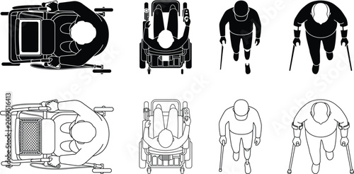Top View Wheelchair User and Mobility Device Vector Set