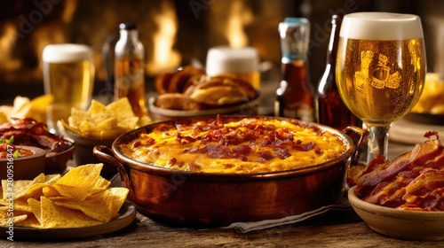 Delicious party spread with cheesy dip, crispy bacon, tortilla chips, and refreshing drinks, perfect for gatherings or casual dining events