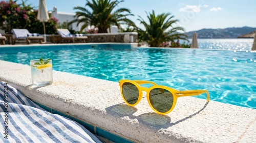 Luxury Poolside Relaxation with Sunglasses and Refreshing Drink