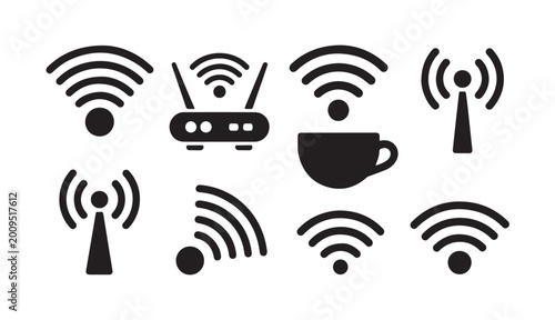Photos Wifi hotspot router and coffee shop internet connection symbol collection for web graphics