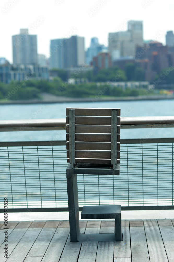 Fototapeta premium Tranquil Lakeside Perch Capturing Urban Horizon In Soft Pastel Evening Light new york