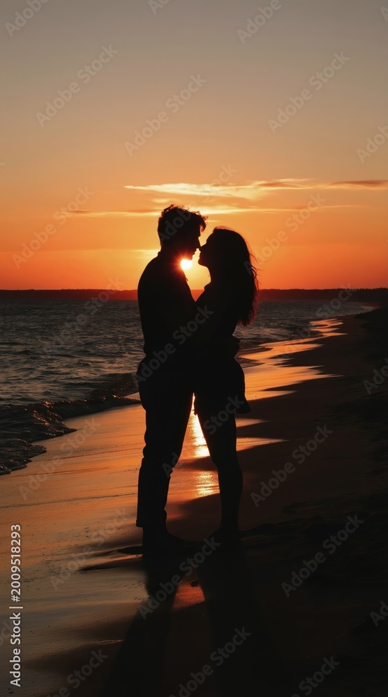 Fototapeta premium Couple embraces on beach sand during sunset. Orange sky reflects on ocean waves. Warm evening highlights romantic love, close relationship, and vacation joy.