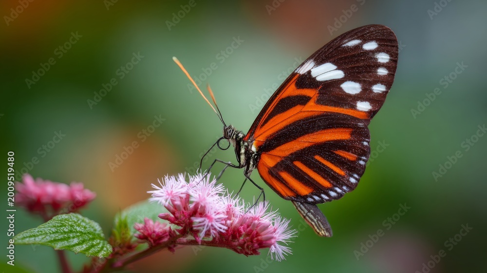 Obraz premium Ismenius tiger butterfly (heliconius ismenius) pollinating vibrant tropical flower in natural rainforest habitat, detailed orange and black patterned wings, exotic wildlife macro close up with colorfu