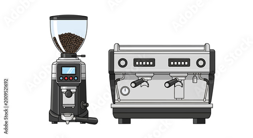 Professional Espresso Machine and Coffee Grinder on White Background.