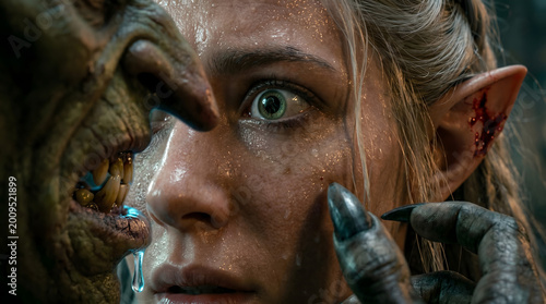 Cinematic close-up of a terrified blonde elf woman with sweaty skin being confronted by a drooling monstrous goblin creature in horror.