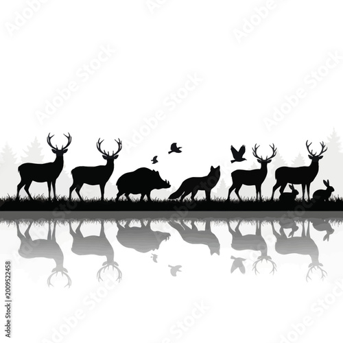 Silhouette of wildlife with deer, boar, fox, rabbit, and birds reflected in water.