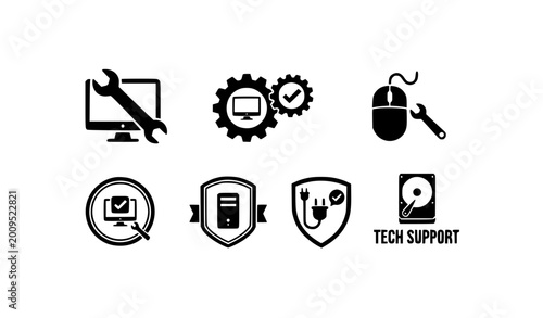 Black and white computer repair logo set with pc service and technical support symbols vector isolated on white