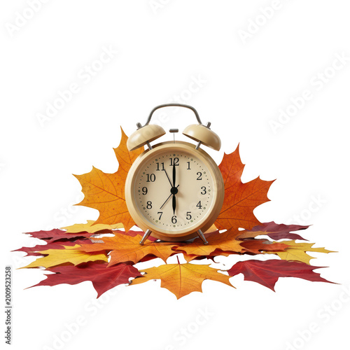 Alarm clock surrounded by autumn leaves.