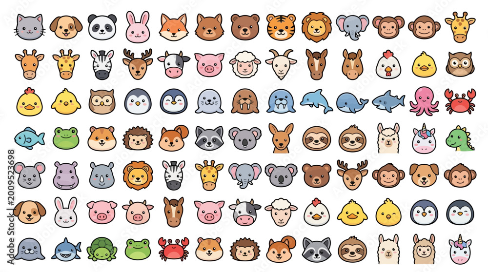 Fototapeta premium Collection of cute cartoon animal face icons with various mammals birds and sea creatures in kawaii sticker style, perfect for educational materials, app stickers and kids graphic projects