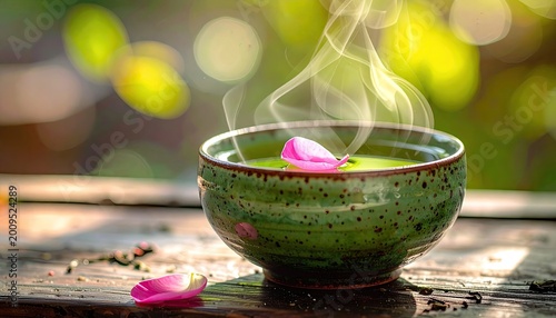 Steaming green tea in a speckled bowl with pink petals and a soft bokeh background