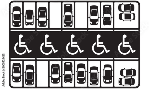 Fotografie Parking area design for motor vehicles with designated disabled access spots and car top views