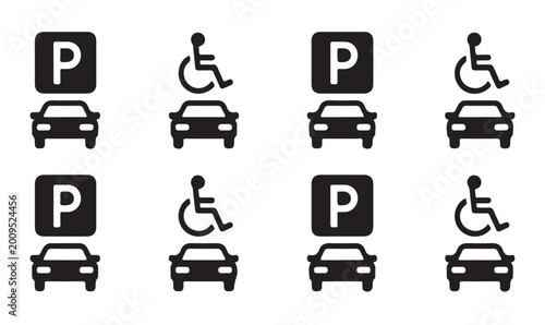 Obraz na płótnie Parking symbols with disabled access sign and cars on white background set