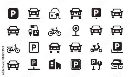 Foto Set of diverse parking related icons including cars bicycles and payment station