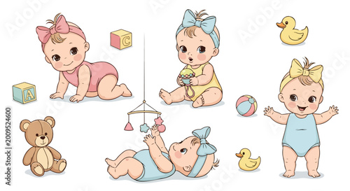Tableau sur toile Cute baby character set with 6 vector illustrations, adorable infant boy and gir