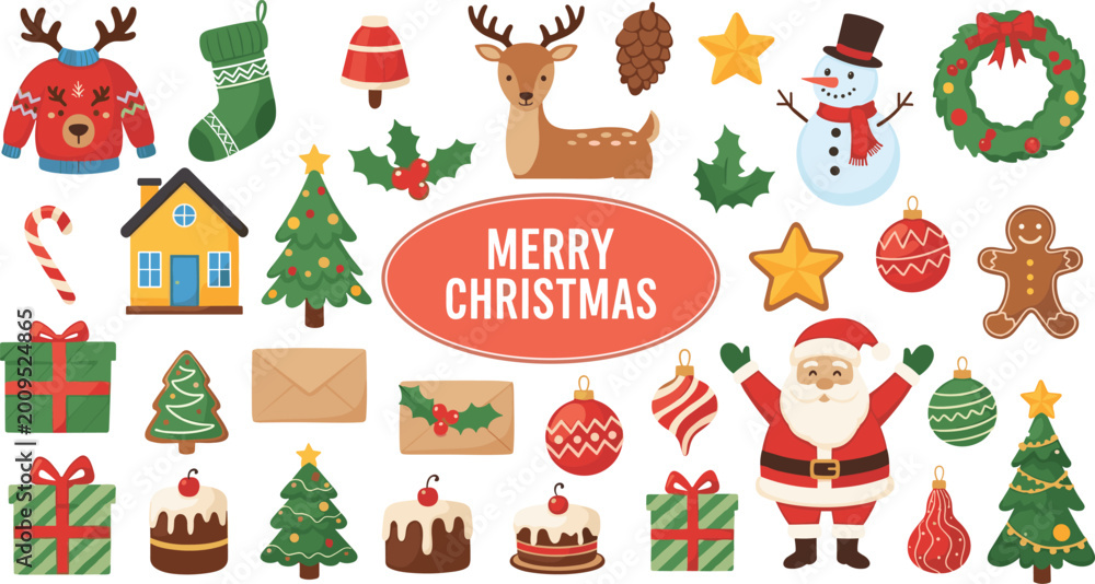 Fototapeta premium Merry Christmas Icon Set with Gifts, Santa, Trees, Ornaments, and Holiday Decorations for Festive Designs