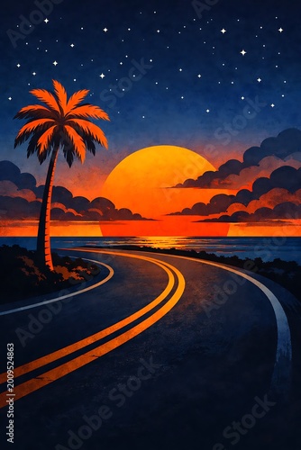 Curved road with yellow lines beside palm tree and ocean at sunset with stars in the night sky  serene landscape scene