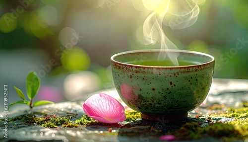 Steaming green tea in a speckled ceramic bowl with pink petals