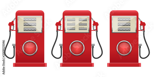 Three vintage red gas pumps stand ready for service on a white background.