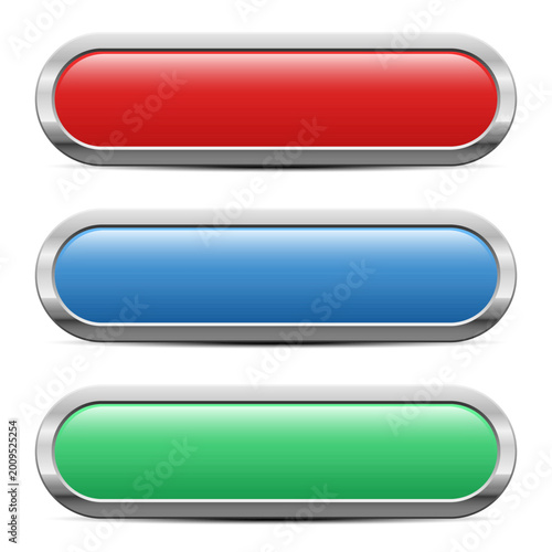 Three colorful, horizontal glossy buttons or bars with chrome frames.