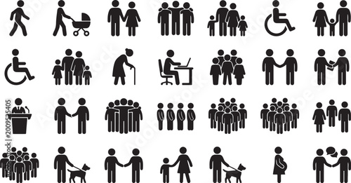 Set of people and family silhouette icons including groups relationships disability community pets and social interaction vector illustration