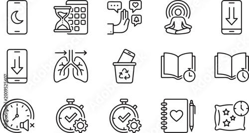 Tableau sur toile Set of productivity and lifestyle line icons including time management meditatio