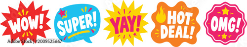 Photos Collection of comic style speech bubbles with words wow super yay hot deal omg and stars