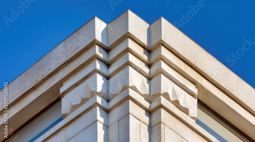 Detailed Architectural Corner with Geometric Patterns on Modern Building Against Clear Blue Sky During Daylight