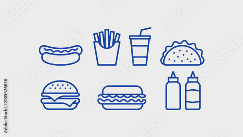 A collection of fast food items is displayed including a hotdog fries soda taco burger and sauce bottles high quality professional detailed modern elegant stylish clean