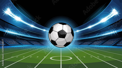 Tableau sur toile A vibrant illustration showcases a classic black and white soccer ball suspended