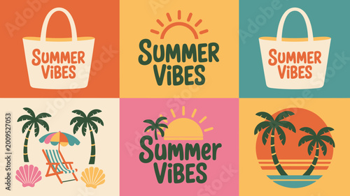A colorful grid displays summer themed illustrations including beach bags palm trees sunsets and the text summer vibes prominently high quality professional detailed modern elegant stylish
