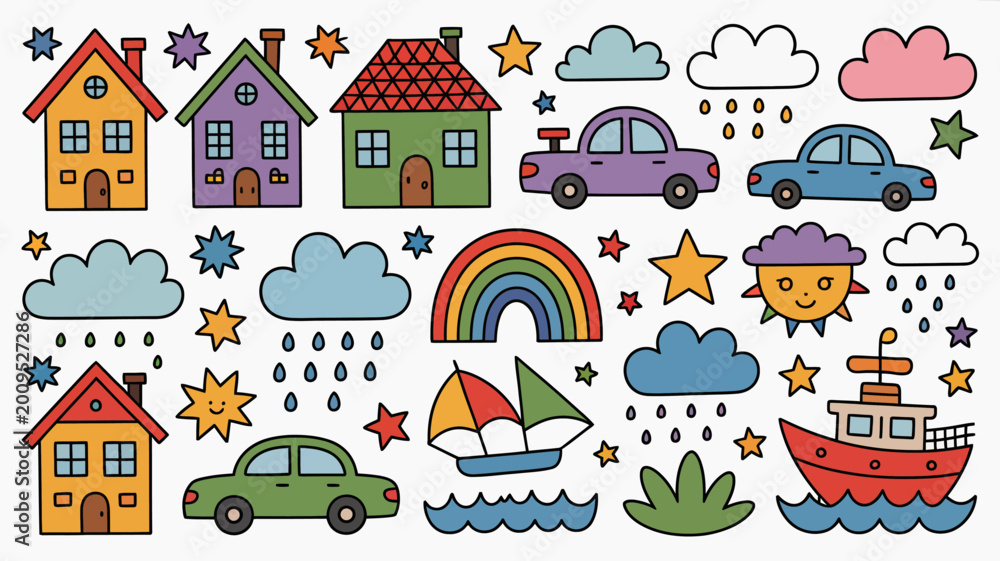 Naklejka premium A colorful doodle illustration depicts houses cars a boat rainbow clouds and stars in a whimsical childlike style high quality professional detailed modern elegant stylish clean
