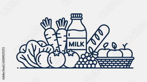 A simple line drawing depicts a collection of fresh groceries including vegetables fruit milk and bread arranged together high quality professional detailed modern elegant stylish clean