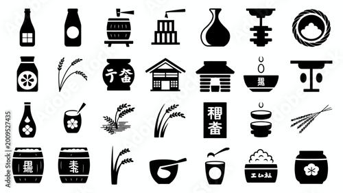 Φωτογραφία A collection of black silhouette icons depicting traditional japanese objects in