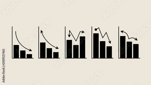 Foto A series of six black bar graphs illustrate various trends showing decline growt