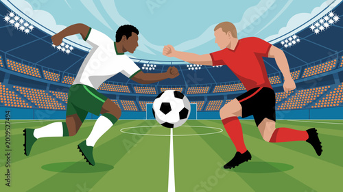 Schilderij op canvas Two soccer players compete for possession of the ball in a vibrant illustrated s