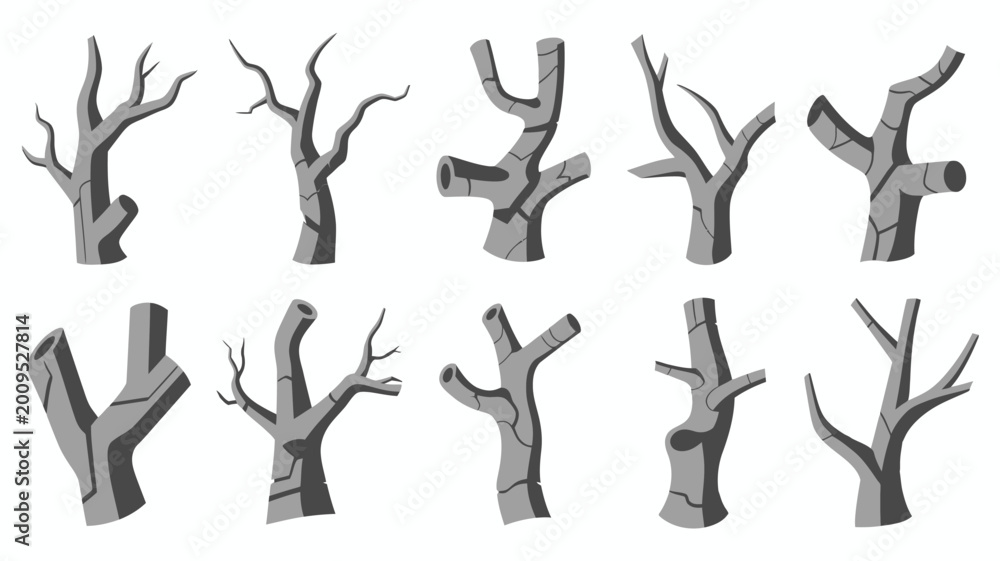 Obraz premium A collection of stylized gray tree trunks and branches are presented against a plain white background showcasing various forms and angles high quality professional detailed modern