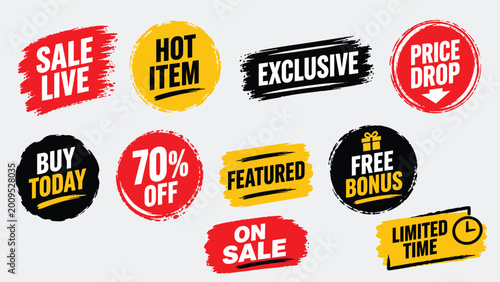 Schilderij op canvas Collection of ten grunge sale and offer labels with text like sale live, hot item and free bonus