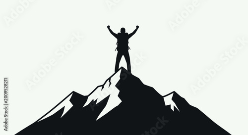 Silhouette of a triumphant person standing atop a mountain peak.
